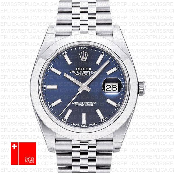 Rolex Datejust 41 Jubilee Steel Smooth Bezel Blue Dial Stick Markers 126300 Swiss Replica