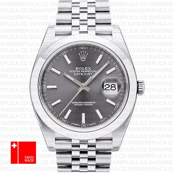 Rolex Datejust 41 Jubilee Steel Smooth Bezel Dark Rhodium Grey Dial Stick Markers 126300 Swiss Replica