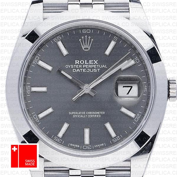 Rolex Datejust 41 Jubilee Steel Smooth Bezel Dark Rhodium Grey Dial Stick Markers 126300 Swiss Replica