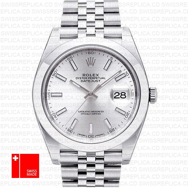 Rolex Datejust 41 Jubilee Steel Smooth Bezel Silver Dial Stick Markers 126300 Swiss Replica