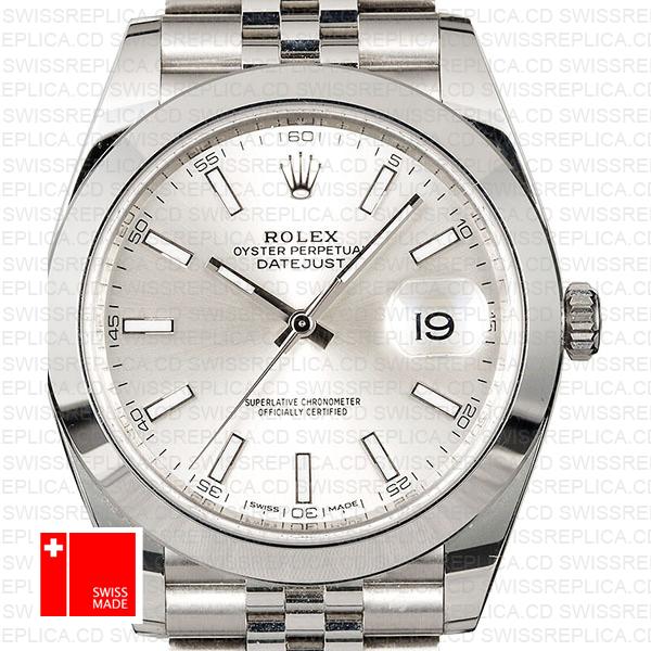 Rolex Datejust 41 Jubilee Steel Smooth Bezel Silver Dial Stick Markers 126300 Swiss Replica