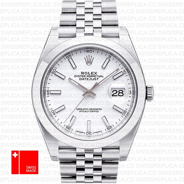 Rolex Datejust 41 Jubilee Steel Smooth Bezel White Dial Stick Markers 126300 Swiss Replica