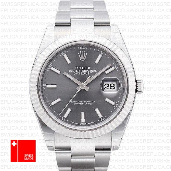 Rolex Datejust 41 Oyster 18k W Gold Fluted Bezel Rhodium Grey Dial Stick Markers 126334