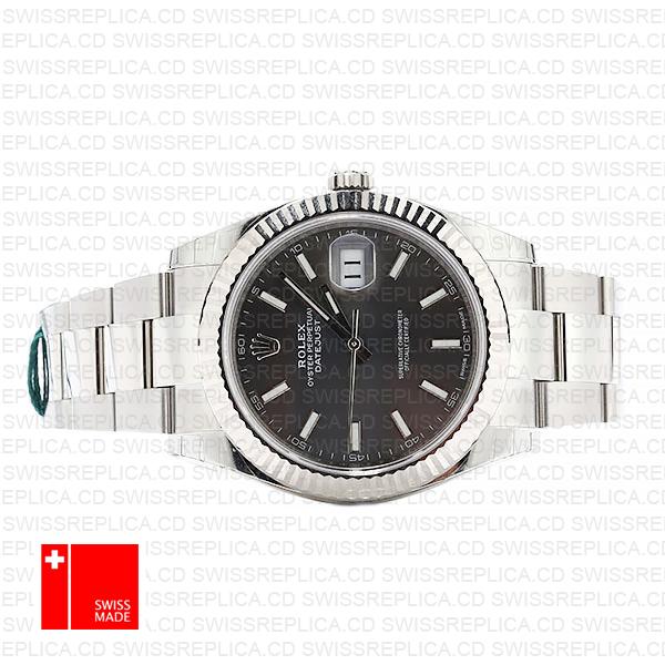 Rolex Datejust 41 Oyster 18k W Gold Fluted Bezel Rhodium Grey Dial Stick Markers 126334