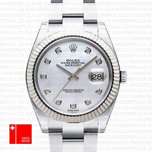 Rolex Datejust 41 Oyster 18k W Gold Fluted Bezel White Mop Dial Diamond Markers 126334