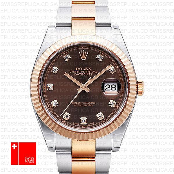 Rolex Datejust 41 Oyster 2 Tone 18k Rose Gold Fluted Bezel Chocolate Dial Diamond Markers 126331 Swiss Replica