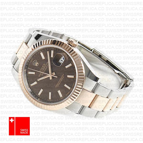 Rolex Datejust 41 Oyster 2 Tone 18k Rose Gold Fluted Bezel Chocolate Dial Stick Markers 126331 Swiss Replica