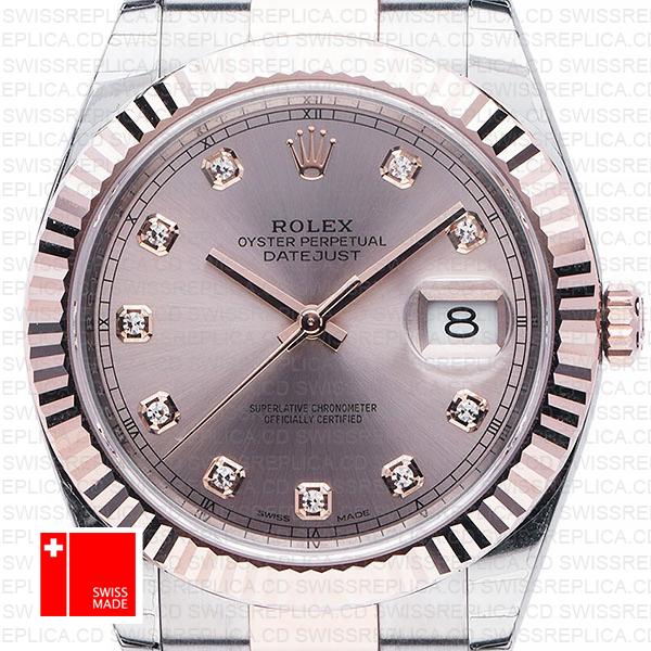 Rolex Datejust 41 Oyster 2 Tone 18k Rose Gold Fluted Bezel Pink Dial Diamond Markers 126331 Swiss Replica