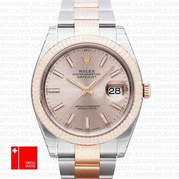 Rolex Datejust 41 Oyster 2 Tone 18k Rose Gold Fluted Bezel Pink Dial Stick Markers 126331 Swiss Replica