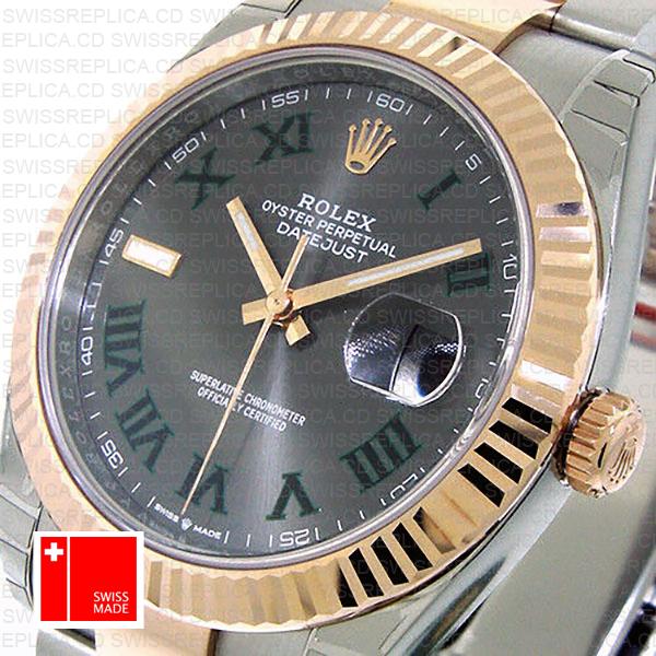 Rolex Datejust 41 Oyster 2 Tone 18k Rose Gold Fluted Bezel Slate Grey Dial Roman Markers 126331 Swiss Replica