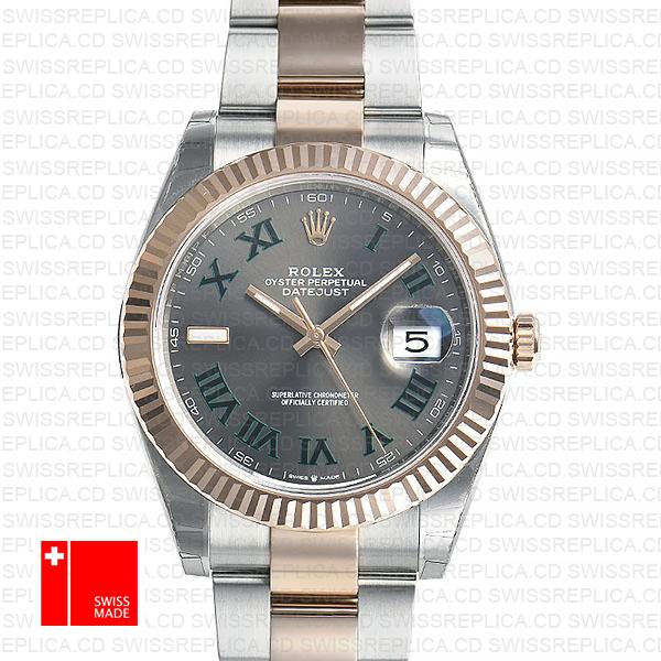 Rolex Datejust 41 Oyster 2 Tone 18k Rose Gold Fluted Bezel Slate Grey Dial Roman Markers 126331 Swiss Replica