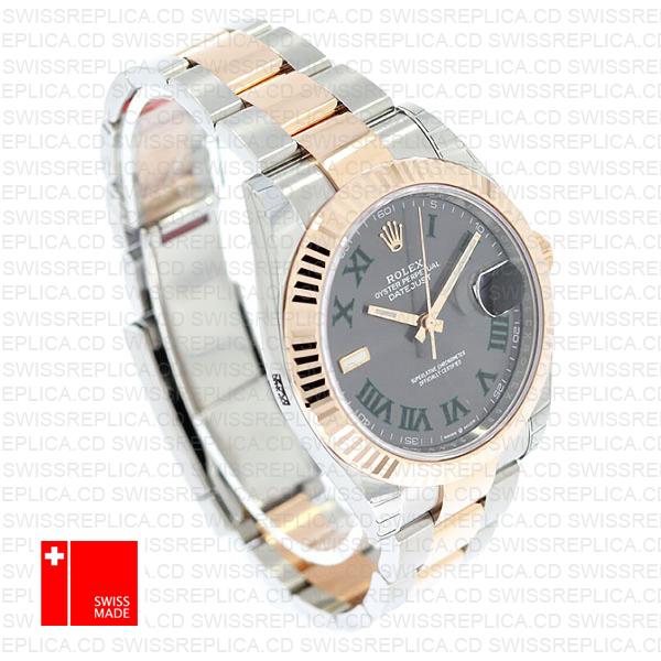 Rolex Datejust 41 Oyster 2 Tone 18k Rose Gold Fluted Bezel Slate Grey Dial Roman Markers 126331 Swiss Replica