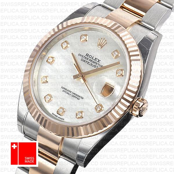 Rolex Datejust 41 Oyster 2 Tone 18k Rose Gold Fluted Bezel White Mop Dial Diamond Markers 126331 Swiss Replica