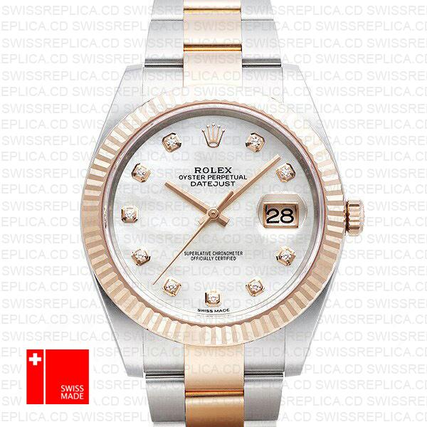 Rolex Datejust 41 Oyster 2 Tone 18k Rose Gold Fluted Bezel White Mop Dial Diamond Markers 126331 Swiss Replica