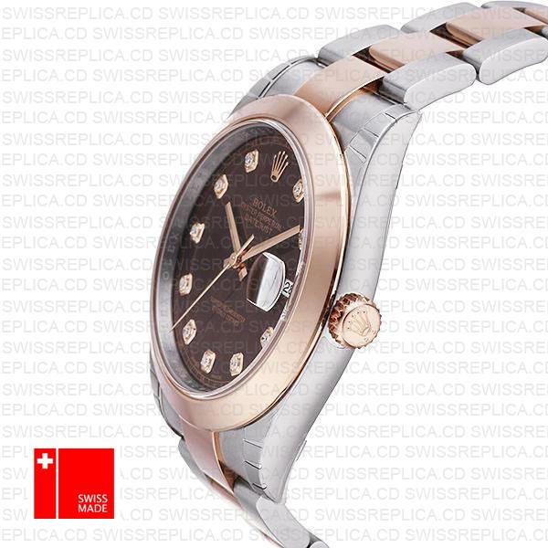 Rolex Datejust 41 Oyster 2 Tone 18k Rose Gold Smooth Bezel Chocolate Dial Diamond Markers 126301 Swiss Replica