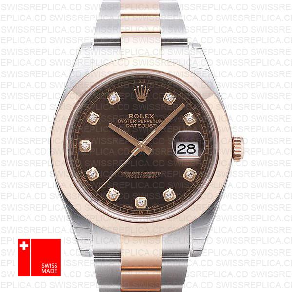 Rolex Datejust 41 Oyster 2 Tone 18k Rose Gold Smooth Bezel Chocolate Dial Diamond Markers 126301 Swiss Replica