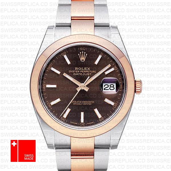 Rolex Datejust 41 Oyster 2 Tone 18k Rose Gold Smooth Bezel Chocolate Dial Stick Markers 126301 Swiss Replica