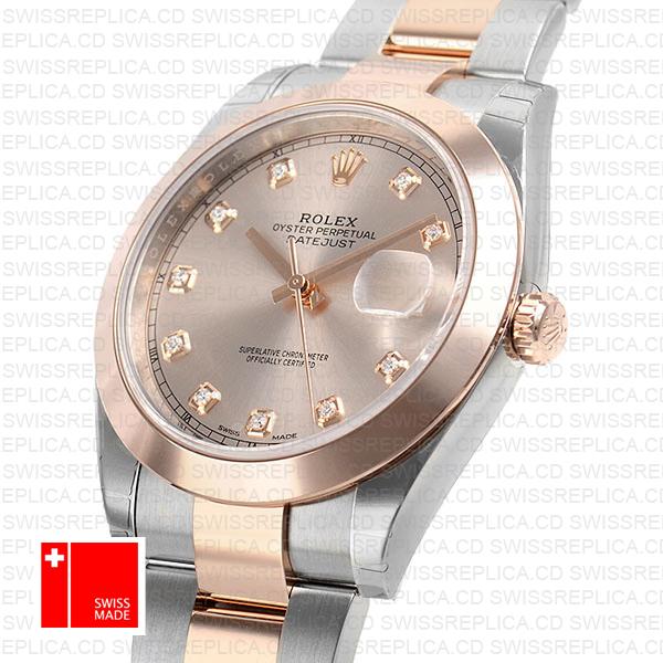 Rolex Datejust 41 Oyster 2 Tone 18k Rose Gold Smooth Bezel Pink Dial Diamond Markers 126301 Swiss Replica