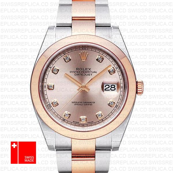 Rolex Datejust 41 Oyster 2 Tone 18k Rose Gold Smooth Bezel Pink Dial Diamond Markers 126301 Swiss Replica