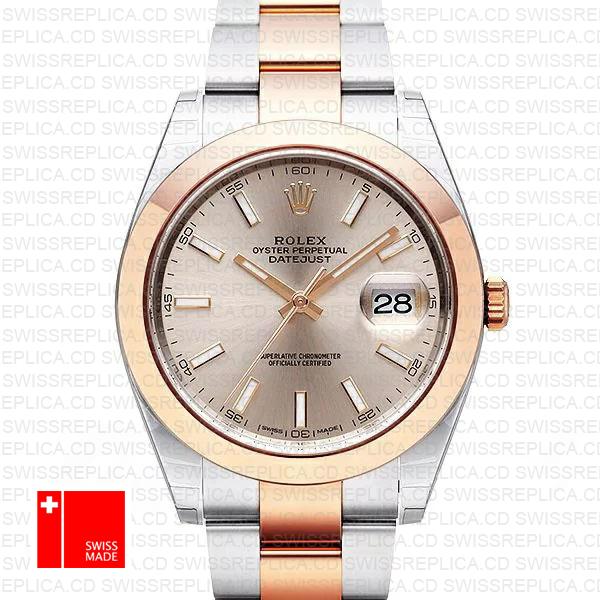 Rolex Datejust 41 Oyster 2 Tone 18k Rose Gold Smooth Bezel Pink Dial Stick Markers 126301 Swiss Replica