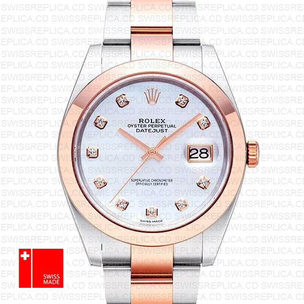 Rolex Datejust 41 Oyster 2 Tone 18k Rose Gold Smooth Bezel White Mop Dial Diamond Markers 126301 Swiss Replica