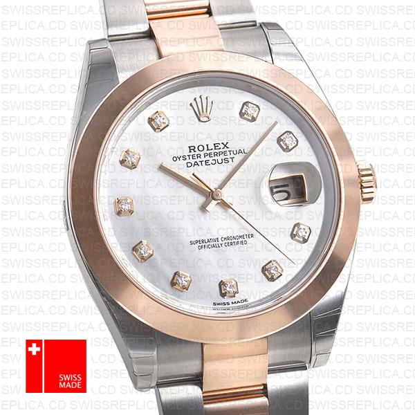 Rolex Datejust 41 Oyster 2 Tone 18k Rose Gold Smooth Bezel White Mop Dial Diamond Markers 126301 Swiss Replica