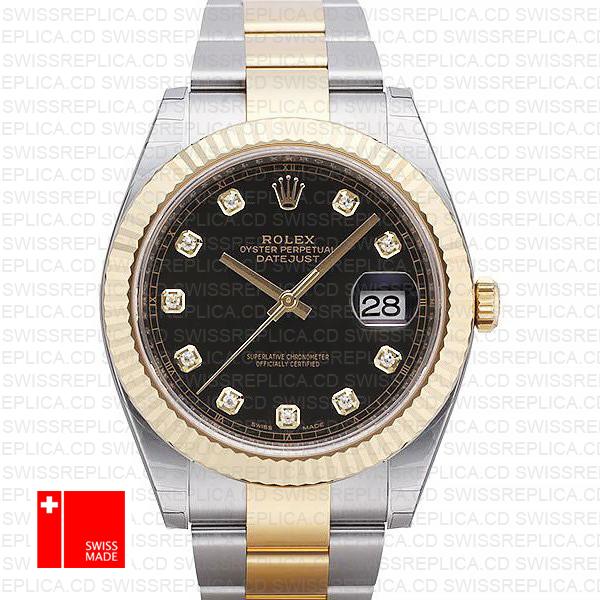 Rolex Datejust 41 Oyster 2 Tone 18k Yellow Gold Fluted Bezel Black Dial Diamond Markers 126333 Swiss Replica