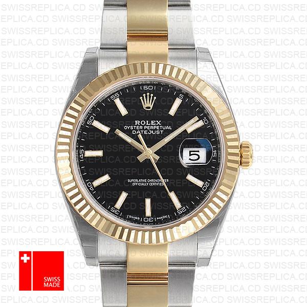 Rolex Datejust 41 Oyster 2 Tone 18k Yellow Gold Fluted Bezel Black Dial Stick Markers 126333 Swiss Replica