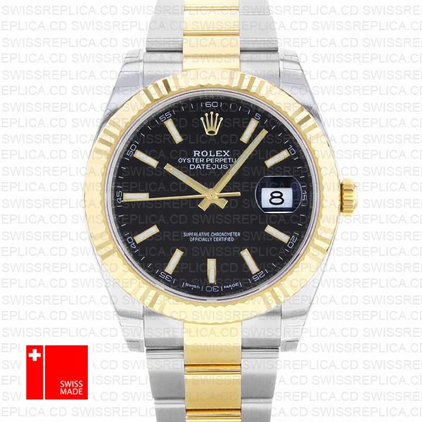 Rolex Datejust 41 Oyster 2 Tone 18k Yellow Gold Fluted Bezel Black Dial Stick Markers 126333 Swiss Replica