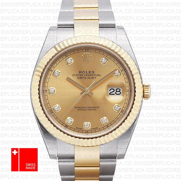 Rolex Datejust 41 Oyster 2 Tone 18k Yellow Gold Fluted Bezel Gold Dial Diamond Markers 126333 Swiss Replica