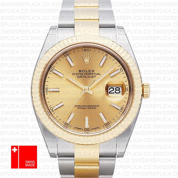 Rolex Datejust 41 Oyster 2 Tone 18k Yellow Gold Fluted Bezel Gold Dial Stick Markers 126333 Swiss Replica