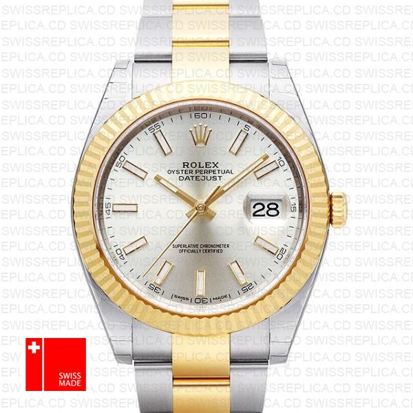 Rolex Datejust 41 Oyster 2 Tone 18k Yellow Gold Fluted Bezel Silver Dial Stick Markers 126333 Swiss Replica