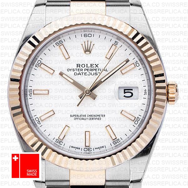 Rolex Datejust 41 Oyster 2 Tone 18k Yellow Gold Fluted Bezel White Dial Stick Markers 126333 Swiss Replica