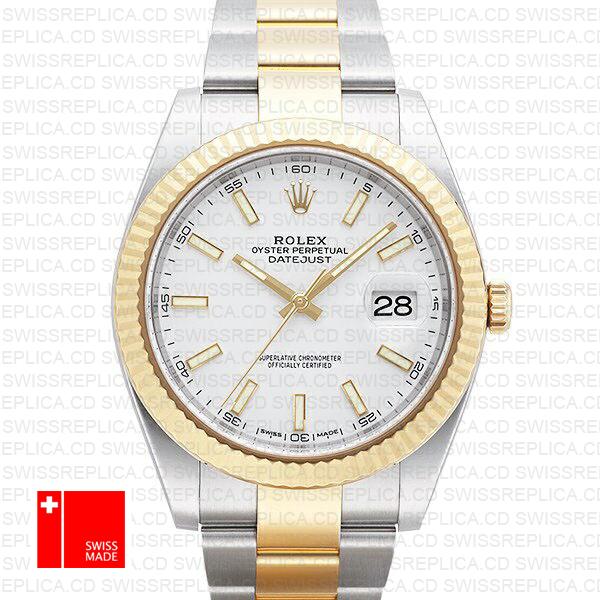 Rolex Datejust 41 Oyster 2 Tone 18k Yellow Gold Fluted Bezel White Dial Stick Markers 126333 Swiss Replica