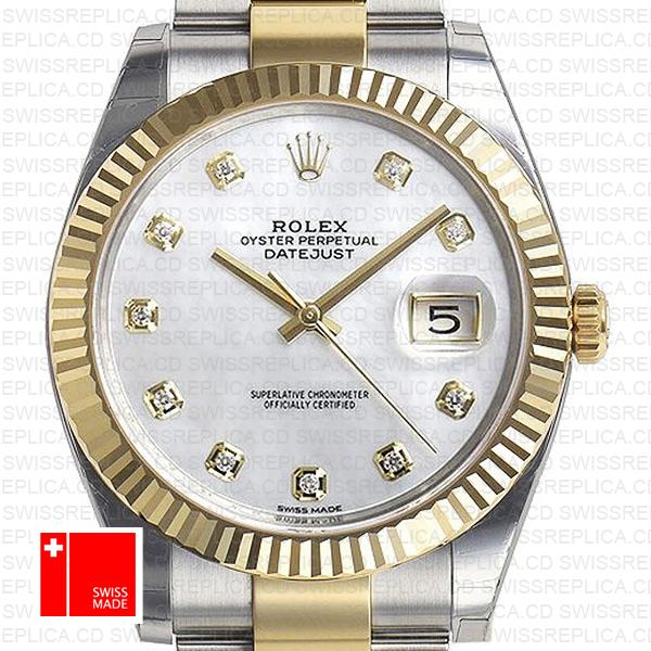 Rolex Datejust 41 Oyster 2 Tone 18k Yellow Gold Fluted Bezel White Mop Dial Diamond Markers 126333 Swiss Replica