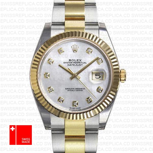 Rolex Datejust 41 Oyster 2 Tone 18k Yellow Gold Fluted Bezel White Mop Dial Diamond Markers 126333 Swiss Replica