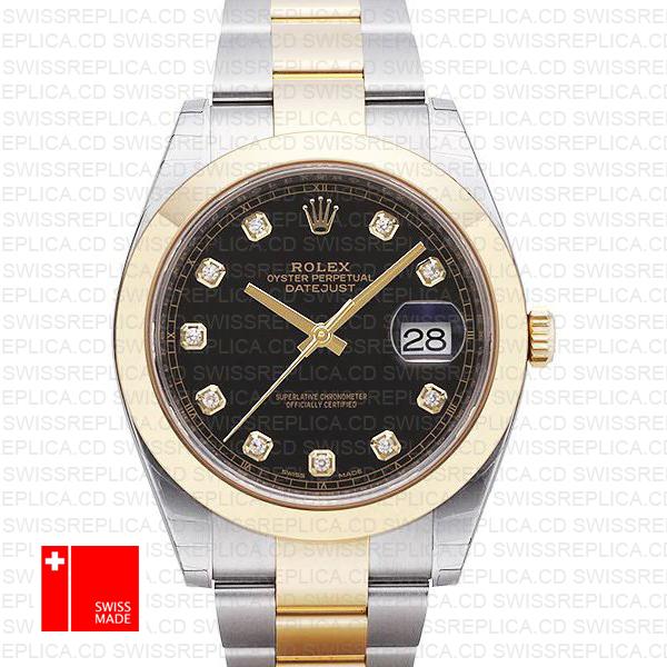 Rolex Datejust 41 Oyster 2 Tone 18k Yellow Gold Smooth Bezel Black Dial Diamond Markers 126303 Swiss Replica