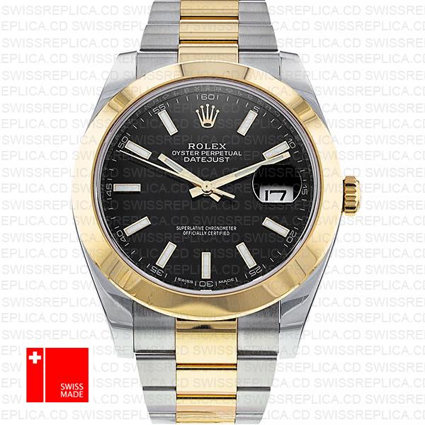 Rolex Datejust 41 Oyster 2 Tone 18k Yellow Gold Smooth Bezel Black Dial Stick Markers 126303 Swiss Replica