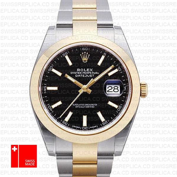 Rolex Datejust 41 Oyster 2 Tone 18k Yellow Gold Smooth Bezel Black Dial Stick Markers 126303 Swiss Replica