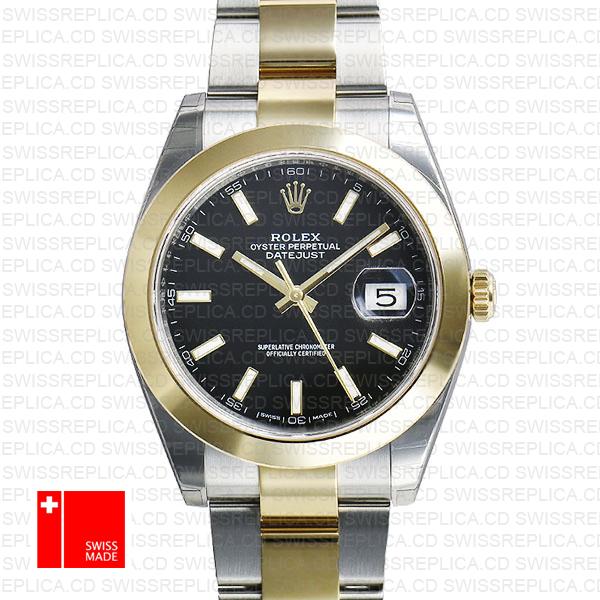 Rolex Datejust 41 Oyster 2 Tone 18k Yellow Gold Smooth Bezel Black Dial Stick Markers 126303 Swiss Replica