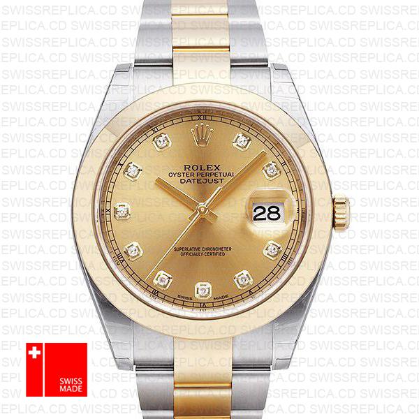 Rolex Datejust 41 Oyster 2 Tone 18k Yellow Gold Smooth Bezel Gold Dial Diamond Markers 126303 Swiss Replica