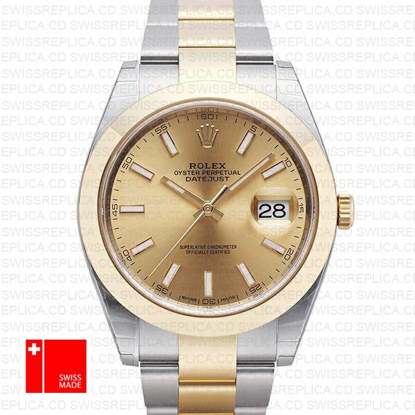 Rolex Datejust 41 Oyster 2 Tone 18k Yellow Gold Smooth Bezel Gold Dial Stick Markers 126303 Swiss Replica