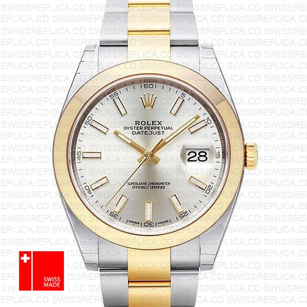 Rolex Datejust 41 Oyster 2 Tone 18k Yellow Gold Smooth Bezel Silver Dial Stick Markers 126303 Swiss Replica