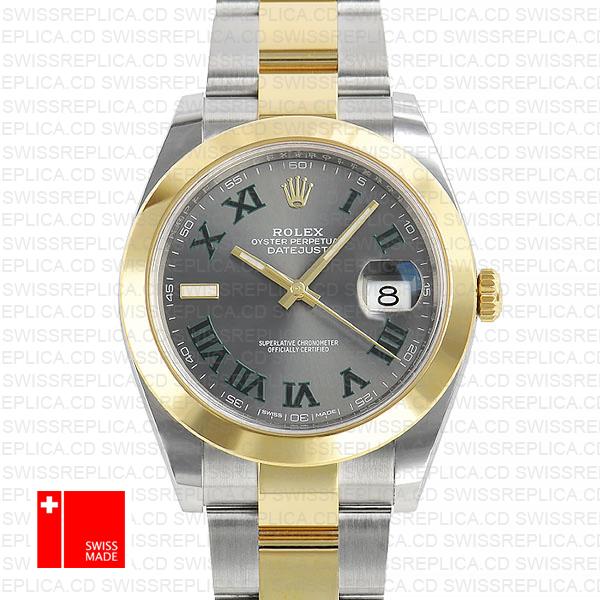 Rolex Datejust 41 Oyster 2 Tone 18k Yellow Gold Smooth Bezel Slate Grey Dial Roman Markers 126303 Swiss Replica