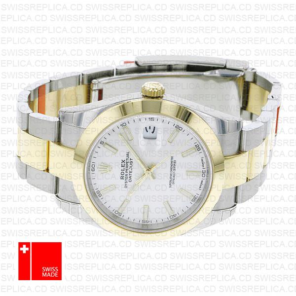 Rolex Datejust 41 Oyster 2 Tone 18k Yellow Gold Smooth Bezel White Dial Stick Markers 126303 Swiss Replica