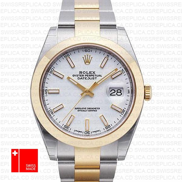 Rolex Datejust 41 Oyster 2 Tone 18k Yellow Gold Smooth Bezel White Dial Stick Markers 126303 Swiss Replica