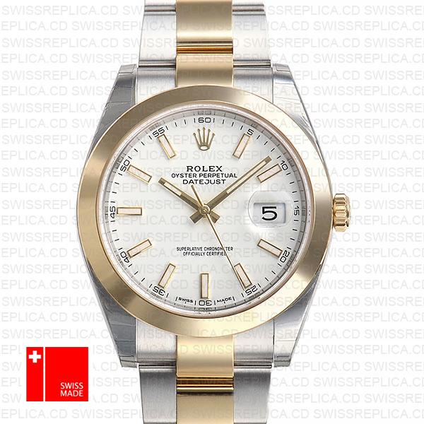 Rolex Datejust 41 Oyster 2 Tone 18k Yellow Gold Smooth Bezel White Dial Stick Markers 126303 Swiss Replica