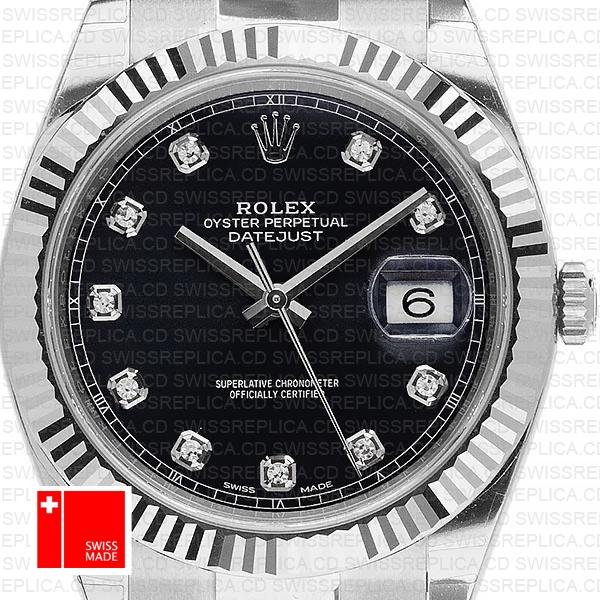 Rolex Datejust 41 Oyster 904l Steel 18k W Gold Fluted Bezel Black Dial Diamond Markers 126334 Swiss Replica