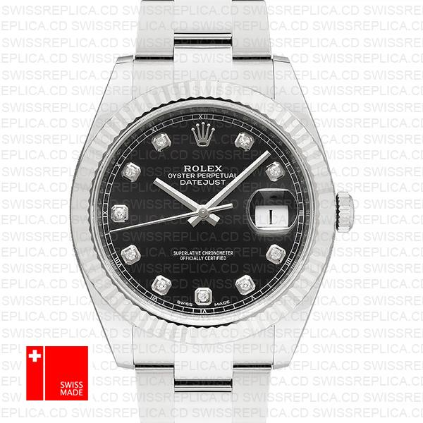 Rolex Datejust 41 Oyster 904l Steel 18k W Gold Fluted Bezel Black Dial Diamond Markers 126334 Swiss Replica