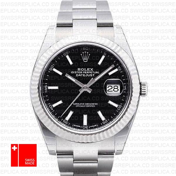 Rolex Datejust 41 Oyster 904l Steel 18k W Gold Fluted Bezel Black Dial Stick Markers 126334 Swiss Replica